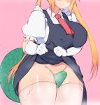  1girl bangs between_legs blonde_hair blush breasts collared_shirt covered_nipples dot_nose dragon dragon_girl dragon_tail elbow_gloves gloves gradient_hair highres kobayashi-san_chi_no_maidragon large_breasts long_hair maid multicolored_hair necktie open_mouth pink_background puffy_short_sleeves puffy_sleeves scales shirt short_sleeves skirt skirt_lift solo spadess standing tail tail_between_legs tail_censor thick_thighs thighhighs thighs tooru_(maidragon) twintails white_gloves 