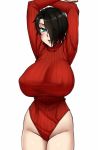  1girl :d aqua_eyes arms_up bare_hips black_hair breasts commentary covered_nipples cowboy_shot english_commentary hair_over_one_eye highleg highleg_leotard huge_breasts impossible_clothes impossible_leotard impossible_sweater leotard long_sleeves meme_attire mouth_visible_through_hair open_mouth original red_leotard red_sweater ribbed_leotard ribbed_sweater saya_(twrlare) short_hair simple_background smile solo sweater turtleneck turtleneck_leotard turtleneck_sweater twrlare white_background 