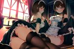  2girls apron ass breasts brown_hair cleavage gray_eyes hiragi_ringo long_hair maid original panties red_eyes short_hair thighhighs underwear 