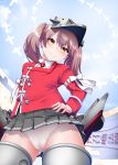  1girl brown_hair cameltoe contrapposto cowboy_shot from_below hand_on_hip highres japanese_clothes kantai_collection kariginu kirigakure_(kirigakure_tantei_jimusho) magatama miniskirt panties pantyshot pantyshot_(standing) pleated_skirt ribbon-trimmed_sleeves ribbon_trim ryuujou_(kantai_collection) shikigami skirt smile solo standing twintails underwear visor_cap white_panties yellow_eyes 