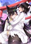  2girls aiguillette animal_ears artist_name ass ass_grab atago_(azur_lane) azur_lane bangs black_hair black_legwear blush bow breasts brown_eyes english_commentary epaulettes extra_ears eyebrows_visible_through_hair from_behind gainoob gloves hair_between_eyes hair_bow hair_flaps hair_ribbon large_breasts long_hair looking_at_viewer looking_back military military_uniform miniskirt mole mole_under_eye multiple_girls open_mouth outdoors pantyhose pleated_skirt ponytail ribbon signature skirt sky smile standing swept_bangs takao_(azur_lane) torii uniform very_long_hair white_bow white_gloves white_ribbon yuri 