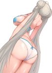  1girl ahoge ass azur_lane bikini blue_bikini braid braided_bun breasts commentary double_bun dutch_angle facing_away formidable_(azur_lane) formidable_(the_lady_of_the_beach)_(azur_lane) from_behind grey_hair highres large_breasts long_hair sikijou77o simple_background solo strap_gap swimsuit very_long_hair white_background 