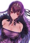  1girl black_bow bow breasts cleavage closed_mouth detached_collar fate/grand_order fate_(series) gem grangrangao hair_between_eyes hair_bow hair_intakes highres large_breasts long_hair looking_at_viewer purple_hair purple_theme red_eyes scathach_(fate)_(all) scathach_skadi_(fate/grand_order) simple_background smile solo upper_body white_background 