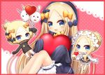  3girls :d abigail_williams_(fate/grand_order) balloon bangs black_bow black_dress black_headwear black_jacket blonde_hair bloomers blue_eyes blush bow braid butterfly_hair_ornament chibi closed_mouth commentary_request dress eyebrows_visible_through_hair fate/grand_order fate_(series) forehead fou_(fate/grand_order) hair_bow hair_bun hair_ornament hat heart heroic_spirit_festival_outfit heroic_spirit_traveling_outfit holding holding_balloon holding_tray jacket knees_up long_hair long_sleeves medjed multiple_girls open_mouth orange_bow parted_bangs polka_dot polka_dot_bow red_footwear shirt sitting sleeveless sleeveless_dress sleeves_past_fingers sleeves_past_wrists smile tray underwear upper_teeth very_long_hair white_bloomers white_shirt yukiyuki_441 