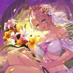  1girl bangs bare_shoulders bikini blonde_hair blue_eyes blush breasts cleavage collarbone europa_(granblue_fantasy) flower granblue_fantasy hair_between_eyes hair_flower hair_ornament large_breasts lily_(flower) looking_at_viewer nos open_mouth palm_tree petals purple_eyes short_hair smile solo sunset swimsuit tiara tree white_bikini white_bikini_top white_nails 