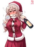  1girl alternate_costume artist_logo bottle brown_eyes coat commentary_request cowboy_shot cup dated drinking_glass drunk fur-trimmed_coat fur-trimmed_hat fur_trim grey_hair hat highres holding holding_bottle kanon_(kurogane_knights) kantai_collection open_mouth pola_(kantai_collection) red_headwear red_shirt red_skirt santa_costume santa_hat shirt simple_background skirt solo thick_eyebrows wavy_hair white_background wine_bottle wine_glass 