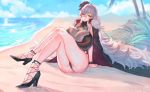  1girl arm_support azur_lane bangs beach black_footwear black_swimsuit blue_sky blush breasts cleavage cloud commission crossed_legs day eyebrows_visible_through_hair flower full_body fur_trim graf_zeppelin_(azur_lane) graf_zeppelin_(beachside_urd)_(azur_lane) hair_between_eyes hair_flower hair_ornament high_heels large_breasts long_hair looking_at_viewer navel navel_cutout ocean one-piece_swimsuit outdoors palm_tree red_eyes sand see-through signature silver_hair sitting sky solo suerte swimsuit thighs tree very_long_hair 