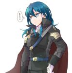  1girl blue_eyes blue_hair byleth_(fire_emblem) byleth_(fire_emblem)_(female) cape closed_mouth cosplay fire_emblem fire_emblem:_three_houses gloves hubert_von_vestra hubert_von_vestra_(cosplay) long_sleeves medium_hair robaco simple_background solo upper_body white_background white_gloves 