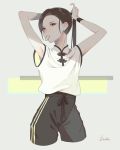  1girl armpits arms_up black_hair bright_pupils brown_eyes cowboy_shot drawstring grey_background hair_tie_in_mouth highres kirudai lips long_hair looking_at_viewer mouth_hold original pants ponytail shirt sidelocks signature simple_background skinny solo track_pants tying_hair white_pupils white_shirt wristband 