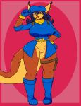  2019 absurd_res anthro azureinthedark big_breasts blue_hair breasts canid canine carmelita_fox clothing female fox hair hi_res mammal pussy simple_background sly_cooper_(series) solo sony_corporation sony_interactive_entertainment sucker_punch_productions thick_thighs video_games 