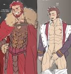  2boys abeberries abs bara beard belt blue_eyes blush brown_hair chest epaulettes facial_hair fate/grand_order fate_(series) highres long_sleeves male_focus military military_uniform multiple_boys muscle napoleon_bonaparte_(fate/grand_order) open_clothes pants pectorals red_hair rider_(fate/zero) scar simple_background sketch smile uniform 