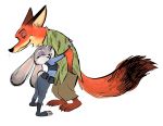  2016 angela_kim anthro barefoot big_ears black_nose bottomwear brown_body brown_fur buckteeth canid canine clothed clothing dipstick_tail disney duo eyes_closed fox fully_clothed fur grey_body grey_fur hand_in_pocket hug inner_ear_fluff judy_hopps mammal multicolored_tail neck_tuft nick_wilde open_mouth open_smile orange_body orange_fur pants pockets police_uniform red_fox shirt simple_background smile teeth toeless_legwear topwear tuft uniform white_background zootopia 
