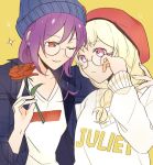  2girls adjusting_eyewear alternate_hairstyle arm_around_shoulder bang_dream! bangs beanie beret bespectacled blonde_hair blue_headwear blue_shirt braid clothes_writing flower frown glasses grin hair_over_shoulder hat holding holding_flower multiple_girls one_eye_closed plaid plaid_shirt purple_eyes purple_hair red_eyes red_flower red_headwear red_rose rose seri_(vyrlw) seta_kaoru shirasagi_chisato shirt single_braid smile sparkle sweatdrop sweatshirt upper_body yellow_background 