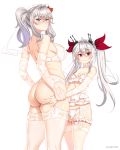  2girls absurdres ass ass_grab azur_lane bangs bare_shoulders blue_eyes blush bra breasts bridal_gauntlets bridal_veil danfer3 eyebrows_visible_through_hair fang garter_belt gloves grabbing_another&#039;s_ass groping hair_between_eyes hair_ribbon highres kantai_collection kashima_(kantai_collection) lace lace-trimmed_legwear lace_bra lace_gloves lace_panties large_breasts lingerie long_hair looking_at_viewer multiple_girls panties red_eyes red_ribbon ribbon shoulder_blackes sidelocks silver_hair simple_background skindentation small_breasts smile standing thighhighs tiara tsurime twintails underwear vampire_(azur_lane) veil very_long_hair wavy_hair white_background white_bra white_gloves white_legwear white_panties 