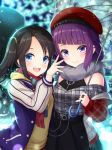  2girls :d arm_up bangs belt beret black_hair black_nails blue_eyes blue_jacket blunt_bangs blurry blurry_background blush checkered checkered_shirt commentary depth_of_field dress ear_piercing eyebrows_visible_through_hair fur_scarf grey_shirt hair_ornament hat holding holding_umbrella idolmaster idolmaster_shiny_colors jacket layered_dress long_hair looking_at_viewer mitsumine_yuika multiple_girls nail_polish night open_mouth outdoors piercing plaid plaid_scarf purple_eyes purple_hair red_headwear red_nails red_scarf rusha_(r_style) scarf shirt side-by-side smile standing striped_sleeves sweater_vest swept_bangs tanaka_mamimi transparent transparent_umbrella twintails umbrella upper_body upper_teeth 