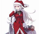  1girl bag bell bow braid fate/grand_order fate_(series) florence_nightingale_(fate/grand_order) florence_nightingale_santa_(fate/grand_order) fur-trimmed_sleeves fur_trim gloves hat kanitama_(putyourhead) pantyhose pink_hair red_eyes santa_hat skirt smile white_gloves 