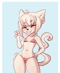  anthro bikini blush breasts claralaine claws clothing cub cute_fangs domestic_cat eyes_closed felid feline felis female front_view gesture ghost_(claralaine) hand_on_hip long_tail mammal navel small_breasts solo standing swimwear teenager v_sign wide_hips young 
