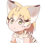  1girl animal_ear_fluff animal_ears bangs bare_shoulders blonde_hair bow bowtie brown_hair cat_ears ddak5843 extra_ears eyebrows_visible_through_hair hair_between_eyes kemono_friends long_hair looking_at_viewer multicolored_hair parted_lips sand_cat_(kemono_friends) shirt simple_background sleeveless sleeveless_shirt solo two-tone_hair upper_body white_background white_shirt yellow_eyes 