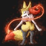 1:1 2013 ambiguous_gender anthro biped braixen canid canine dark_background digital_media_(artwork) dipstick_tail eyes_closed fire fur head_down inner_ear_fluff low_res magic mammal multicolored_body multicolored_fur multicolored_tail nintendo pok&eacute;mon pok&eacute;mon_(species) solo standing stick tuft video_games zyoko 