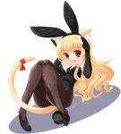  1girl :d animal_ears arms_up bangs between_breasts black_footwear black_gloves black_hairband black_leotard black_neckwear blonde_hair blush breasts brown_legwear bunny_ears bunny_pose cat_ears cat_girl cat_tail commentary_request elbow_gloves eyebrows_visible_through_hair fake_animal_ears fang full_body gloves hair_between_eyes hairband highres kanijiru kittysuit knees_together_feet_apart knees_up large_breasts leotard long_hair looking_at_viewer necktie necktie_between_breasts open_mouth original pantyhose red_eyes red_ribbon ribbon shadow shoe_soles shoes short_necktie signature smile solo strapless strapless_leotard tail tail_ribbon very_long_hair white_background 