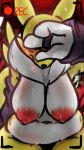  absurd_res anthro badassbaal big_breasts blush bodily_fluids breasts canid canine covering_face digimon digimon_(species) female fur hi_res mammal nipples rec recording renamon solo sweat white_body white_fur yellow_body yellow_fur 