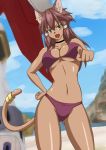  absurd_res anthro beach bikini blue_eyes breasts brown_body brown_fur clothing ear_piercing ear_ring felid feline female fur gundam_build_divers_re:rise hi_res maiya_(gundam_build_divers_re:rise) mammal piercing ring seaside swimwear tongue 久遠 