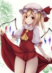  1girl absurdres ass_visible_through_thighs blonde_hair bottomless commentary_request cowboy_shot crystal flandre_scarlet groin hat hat_ribbon highres kashiwagi_yamine lifted_by_self looking_at_viewer medium_hair no_panties open_mouth outdoors puffy_short_sleeves puffy_sleeves red_eyes red_ribbon red_skirt red_vest ribbon short_sleeves side_ponytail skirt skirt_lift solo thighs touhou vest white_headwear wings 