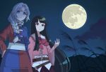  2girls anime_coloring arm_up belt black_hair blue_eyes braided_ponytail cloud cowboy_shot expressionless full_moon hand_on_hip highres hime_cut houraisan_kaguya light_frown long_hair long_sleeves looking_to_the_side moon mountain multiple_girls night night_sky nurupo_(abooon) outdoors pink_shirt red_eyes red_skirt sash shirt shirt_under_shirt silver_hair single_sidelock skirt sky standing star_(sky) starry_sky susuki_grass touhou two-tone_dress very_long_hair white_shirt yagokoro_eirin 