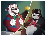  2019 anthro belly black_body black_fur bound canid canine canis christmas clothing duo fur giant_panda hat headgear headwear holidays humanoid_hands hybrid male mammal navel overweight overweight_male pubes sweater thepandobo topwear ursid white_body white_fur wolf 