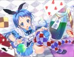  alice_(wonderland) alice_(wonderland)_(cosplay) argyle argyle_legwear blue_eyes blue_hair bottle card checkered clover cookie cosplay food kantai_collection long_hair malino_(dream_maker) multicolored multicolored_clothes multicolored_legwear playing_card samidare_(kantai_collection) thighhighs very_long_hair 