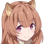  1girl animal_ear_fluff animal_ears bangs blush brown_hair closed_mouth ddak5843 eyebrows_visible_through_hair hair_between_eyes long_hair looking_at_viewer pink_eyes portrait raccoon_ears raphtalia simple_background smile solo tate_no_yuusha_no_nariagari white_background 