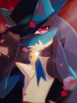  2019 animated anthro blue_body blue_fur bodily_fluids canid canine cape close-up clothed clothing flower_petals fur hat headgear headwear iogi03 looking_at_viewer lucario mammal nintendo petals pok&eacute;mon pok&eacute;mon_(species) portrait pose red_background red_eyes simple_background smile solo spikes tan_body tan_fur tears video_games 