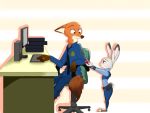  anthro bottomwear canid canine chair clothed clothing desk dipstick_ears disney duo fluffy fluffy_tail fox fully_clothed fur furniture green_eyes grey_body grey_fur holding_object judy_hopps keyboard lagomorph leporid looking_at_another mammal moromorowephi multicolored_ears neck_tuft necktie nick_wilde office_chair orange_body orange_fur pants pattern_background police_uniform purple_eyes rabbit red_fox shadow shirt simple_background sitting standing striped_background topwear tuft uniform zootopia 