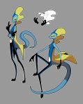  2019 absurd_res ambiguous_gender anthro blue_body digital_media_(artwork) half-closed_eyes hi_res inteleon long_tail looking_at_viewer narrowed_eyes nintendo pok&eacute;mon pok&eacute;mon_(species) reptile scalie simple_background smile songbirdoo video_games yellow_eyes 