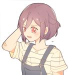  1girl bandaid_on_elbow bang_dream! flying_sweatdrops hair_ornament hairpin half_updo hand_behind_head open_mouth overalls red_eyes seri_(vyrlw) seta_kaoru shirt short_hair short_sleeves simple_background solo striped striped_shirt upper_body white_background younger 