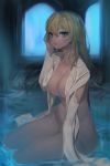  1girl absurdres arm_support bangs blonde_hair blue_eyes blush breasts choker cleavage collarbone collared_shirt commission detached_sleeves hair_between_eyes hand_on_own_cheek highres jam_(nandade) large_breasts long_hair looking_at_viewer naked_shirt open_clothes open_shirt original parted_lips shirt sitting solo thighs water white_shirt yokozuwari 