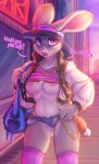  2019 4_fingers absurd_res anthro areola breasts clothed clothing dimwitdog disney english_text eyelashes female fingers fur grey_body grey_fur hi_res judy_hopps lagomorph leporid mammal nipples open_mouth purple_eyes rabbit skimpy solo text thong under_boob underwear zootopia 