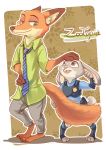  ambiguous_gender anthro barefoot bottomwear buckteeth canid canine clothed clothing dipstick_ears disney duo fox fully_clothed fur green_eyes inner_ear_fluff judy_hopps lagomorph leporid looking_at_another mammal multicolored_ears necktie nick_wilde open_mouth open_smile orange_body orange_fur pants pattern_background pink_nose police_uniform purple_eyes rabbit red_fox shirt simple_background smile teeth topwear tuft uniform zootopia 懶妘もぐもぐ 