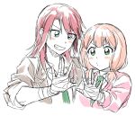  &gt;:) 2girls bandaged_hand bang_dream! bangs blazer blue_eyes blush collared_shirt green_eyes green_neckwear grey_jacket grin jacket long_hair long_sleeves low_twintails multiple_girls necktie outstretched_hand pale_color partially_colored pink_cardigan re_ghotion red_hair shirt short_twintails simple_background sketch sleeves_pushed_up smile twintails udagawa_tomoe uehara_himari upper_body v-shaped_eyebrows white_background 