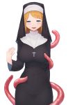  1girl :d blonde_hair blue_eyes blush breasts cross cross_necklace daruzenon habit highres impossible_clothes jewelry large_breasts long_sleeves looking_at_viewer medium_hair necklace nun open_mouth original simple_background smile solo standing tentacles white_background 