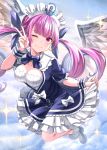  1girl anchor_symbol angel_wings blush breasts cleavage cloud collarbone commentary_request drill_hair frills full_body highres hololive long_hair looking_at_viewer maid_headdress medium_breasts minato_aqua multicolored_hair one_eye_closed purple_eyes purple_hair ribbon sky smile solo sparkle tazaki_hayato twin_drills v virtual_youtuber wings 