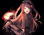  1girl :d akabane_youko arisuke_(natuyan) black_background black_headwear black_neckwear black_shirt black_skirt commentary_request fire frilled_cuffs frilled_sleeves frills green_eyes hat highres long_hair long_sleeves looking_at_viewer nijisanji open_mouth pleated_skirt red_hair shirt skirt sleeve_cuffs smile solo two_side_up virtual_youtuber wing_collar 