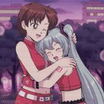  2girls 90s anime_coloring aqua_hair arms_around_waist artist_name bare_shoulders belt blush brown_eyes brown_hair city closed_eyes commentary crop_top earrings english_commentary film_grain fingerless_gloves frilled_skirt frills gloves hand_on_another&#039;s_head hand_on_another&#039;s_shoulder hatsune_miku head_on_chest heart heart_print hug jewelry lipstick long_hair makeup meiko midriff multiple_girls mutual_hug nail_polish navel nieceychan oldschool one_eye_closed open_mouth outdoors red_gloves red_nails red_shirt red_skirt retro scanlines shirt short_hair shoulder_tattoo skirt sleeveless sleeveless_shirt smile tattoo tree twilight twintails twitter_username upper_body very_long_hair vocaloid zipper 