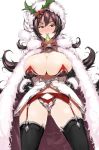  1girl areola_slip areolae armor armored_dress bell bell_choker black_hair black_legwear blush breasts cape character_request choker christmas commentary condom condom_in_mouth copyright_request dress etchi_inoha_sukidesuka flipped_hair full-face_blush fur_cape fur_hat garter_belt garter_straps hair_ornament hands_on_hips hat highres holly_hair_ornament huge_breasts impossible_clothes impossible_dress jingle_bell long_hair messy_hair mouth_hold navel red_eyes red_garter_belt revealing_clothes ribbon_choker solo symbol_commentary thighhighs thighs used_condom very_long_hair 