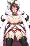  1girl areolae armor armored_dress bell bell_choker black_hair black_legwear blush breasts breasts_outside cape character_request choker christmas commentary condom condom_in_clothes copyright_request dress drooling etchi_inoha_sukidesuka flipped_hair full-face_blush fur_cape fur_hat garter_belt garter_straps hair_ornament half-closed_eyes hands_on_hips hat highres holly_hair_ornament huge_breasts impossible_clothes impossible_dress jingle_bell long_hair messy_hair navel nipple_piercing nipple_rings nipples open_mouth piercing red_eyes red_garter_belt revealing_clothes ribbon_choker solo symbol_commentary thighhighs thighs tongue tongue_out used_condom very_long_hair 