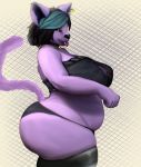  anthro bell bell_collar belly big_belly big_breasts big_butt black_hair blue_highlights bra breasts butt cat_keyhole_bra cat_lingerie catty_(undertale) cleavage_cutout clothed clothing coffeewithdicks collar domestic_cat ear_piercing ear_ring felid feline felis female fur hair highlights_(coloring) keyhole_bra legwear lingerie looking_at_viewer mammal overweight overweight_female panties piercing purple_body purple_fur short_hair side_view simple_background skimpy solo squish thick_thighs thigh_highs thigh_squish tongue tongue_out undertale underwear video_games wide_hips 