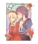  2girls bang_dream! bangs blonde_hair closed_eyes dress floral_background flower frilled_sleeves frills half_updo head_wreath holding_hands jewelry long_sleeves multiple_girls pendant petals purple_hair red_dress red_flower red_rose rose seri_(vyrlw) seta_kaoru shirasagi_chisato smile white_flower white_rose yuri 