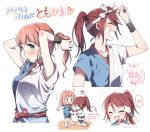  2girls :d ? ^_^ adjusting_another&#039;s_clothes ahoge alternate_hairstyle bang_dream! bangs blue_eyes closed_eyes flying_sweatdrops green_eyes hachimaki hair_tucking headband headband_pull japanese_clothes kneeling long_hair mouth_hold multiple_girls multiple_views musical_note open_mouth ponytail ponytail_holder re_ghotion red_hair short_sleeves shorts sidelocks smile spoken_blush spoken_musical_note sweat sweatband translation_request tying_hair udagawa_tomoe uehara_himari v-shaped_eyebrows 