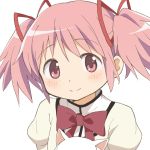  1girl bangs beige_shirt blush bow closed_mouth creature ddak5843 eyebrows_visible_through_hair hair_ribbon kaname_madoka kyubey looking_at_viewer mahou_shoujo_madoka_magica mitakihara_school_uniform pink_eyes pink_hair puffy_short_sleeves puffy_sleeves red_bow red_ribbon ribbon school_uniform short_sleeves simple_background smile solo_focus twintails upper_body white_background 