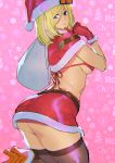  1girl ashiomi_masato ass belt bikini_top blonde_hair blue_eyes breasts capelet christmas commentary_request fur_trim gloves guilty_gear guilty_gear_xrd hair_between_eyes hat high_heels legs_together looking_back medium_breasts medium_hair merry_christmas midriff millia_rage miniskirt orange_footwear red_bikini_top red_gloves red_skirt sack santa_costume santa_hat sheer_legwear skirt solo thick_thighs thighs trefoil underboob 